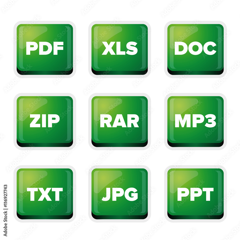 file extensions icons set: pdf, xls, doc, zip, rar, mp3, txt, jp Stock  Vector | Adobe Stock