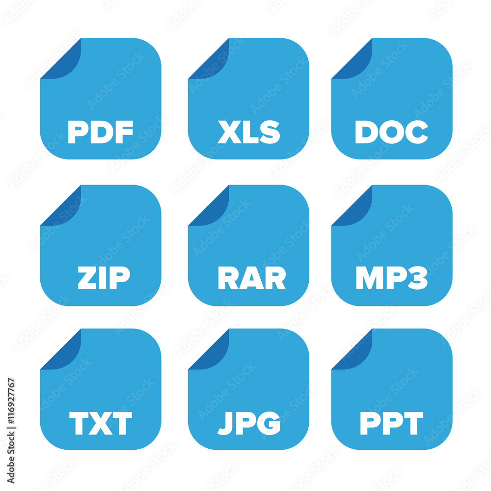 file extensions icons set: pdf, xls, doc, zip, rar, mp3, txt, jp file extensions icons set: pdf, xls, doc, zip, rar, mp3, txt, jp