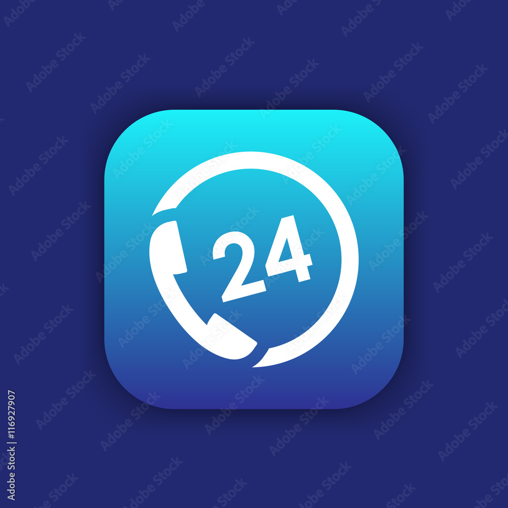 24 hour service icon, button, phone, call us, support, vector illustration