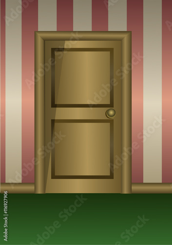 wooden door on striped wall. Room entry or hotel corridor. Vector illustration