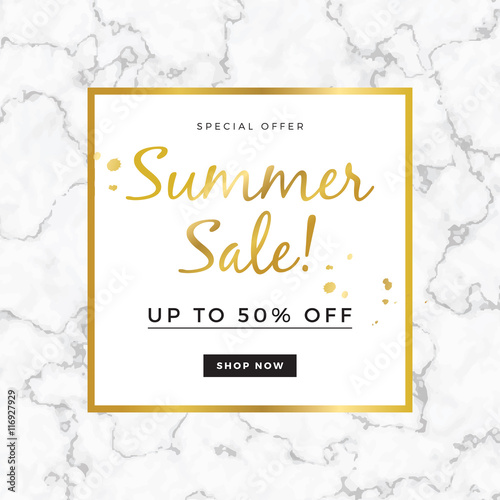 Summer sale design for banner or poster, with marble texture and gold detail