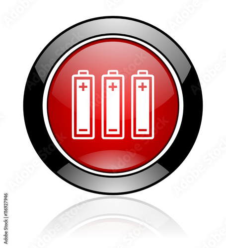 Red glossy battery vector icon.