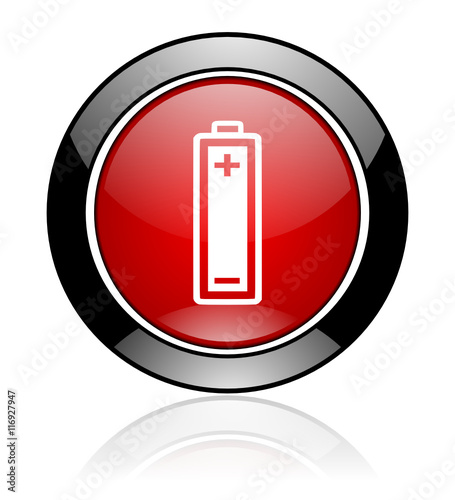 Red glossy battery vector icon.