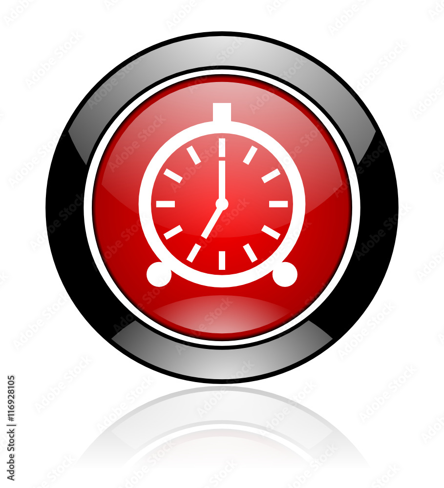 Red and black glossy round alarm clock vector icon. Modern design circle time button. Red and black glossy round alarm clock vector icon. Modern design circle time button.