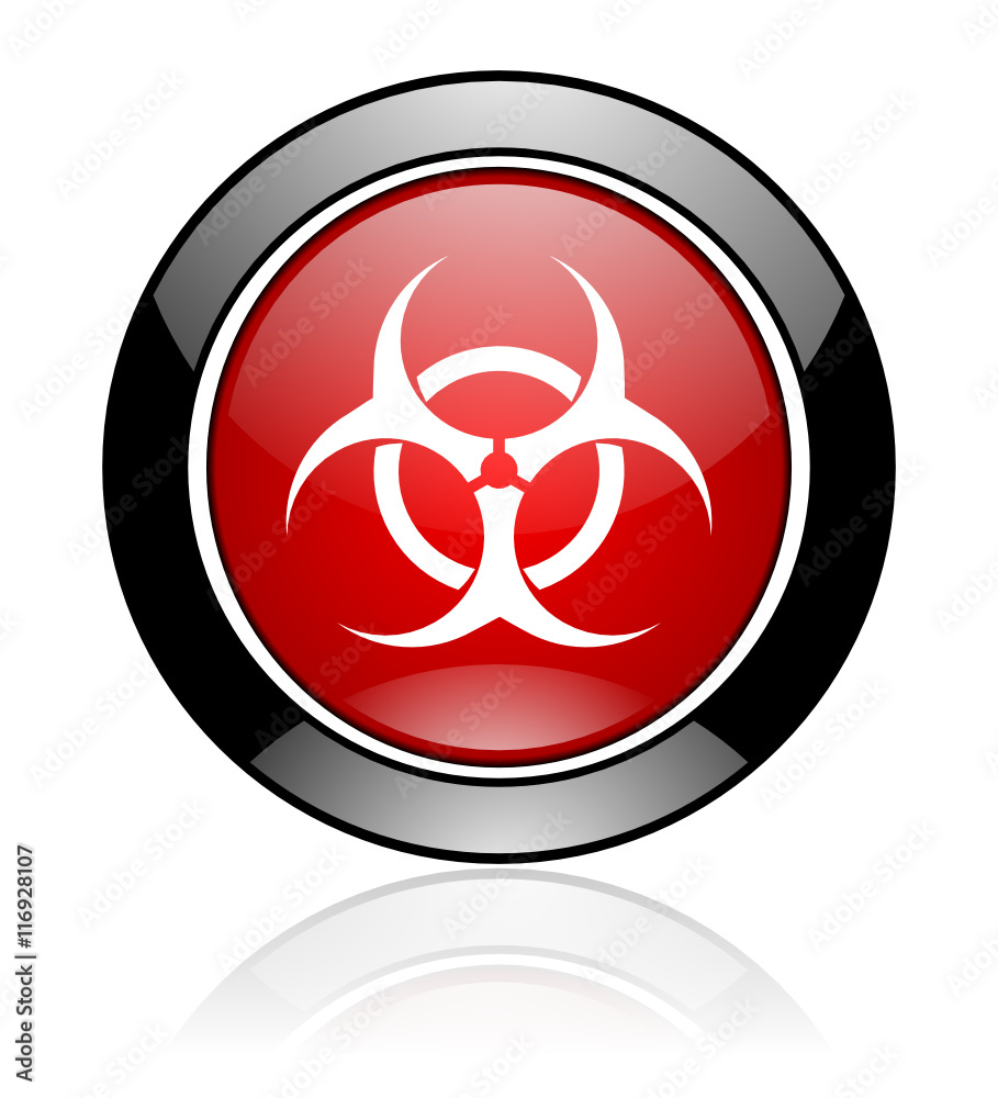 Red and black glossy round biohazard vector icon. Modern design circle virus button. Red and black glossy round biohazard vector icon. Modern design circle virus button.