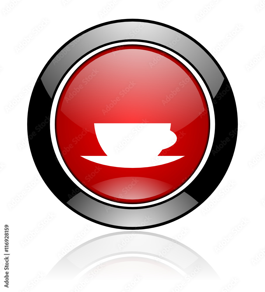 Red and black glossy round cafe vector icon. Modern design circle coffee button.