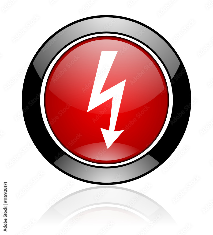 Red and black glossy round bolt vector icon. Modern design electricity circle button. Red and black glossy round bolt vector icon. Modern design electricity circle button.