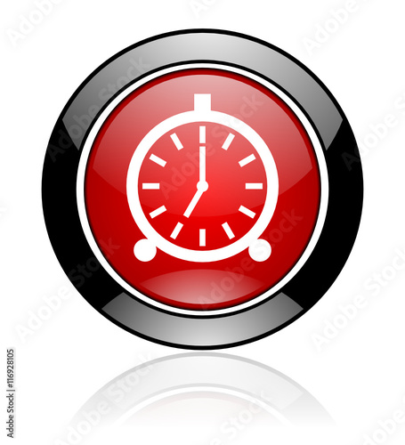 Red and black glossy round alarm clock vector icon. Modern design circle time button.