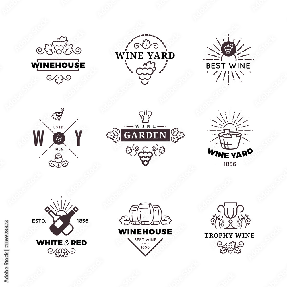 Hipster wine making grape vector labels, logos, emblems set
