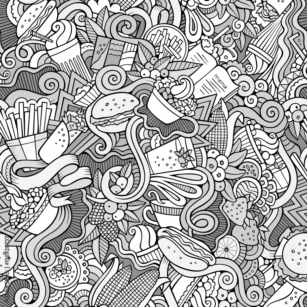 Cartoon hand-drawn doodles on the subject of fast food seamless pattern Cartoon hand-drawn doodles on the subject of fast food seamless pattern