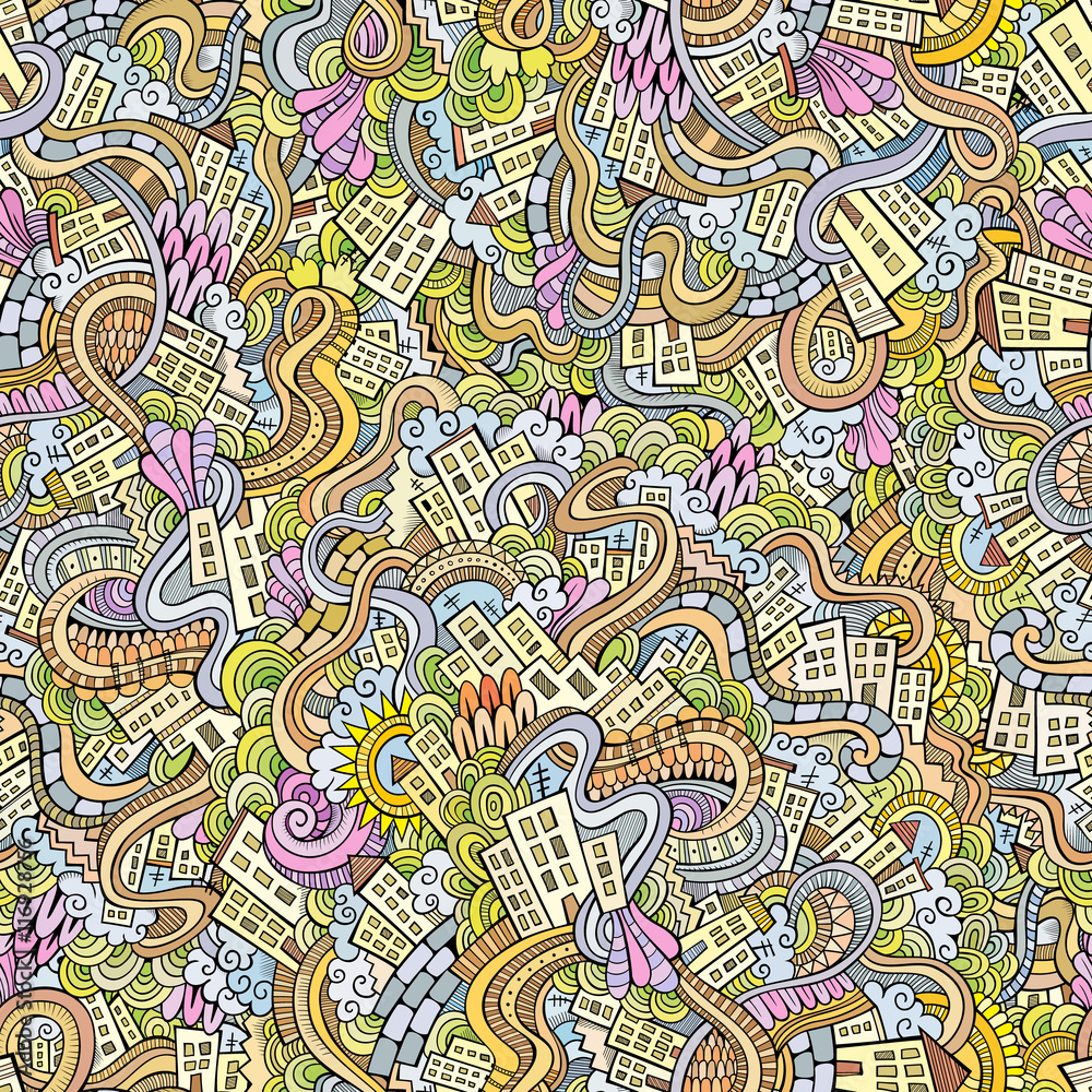 doodles hand drawn town. seamless pattern