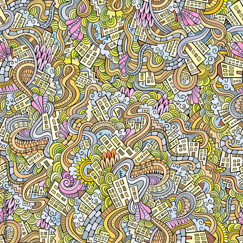 doodles hand drawn town. seamless pattern