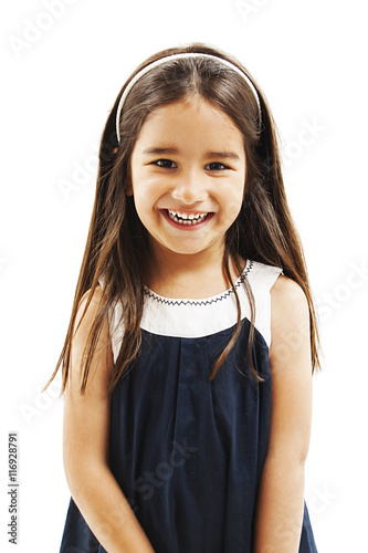 Portrait of a happy liitle girl close-up. Isolated on white background