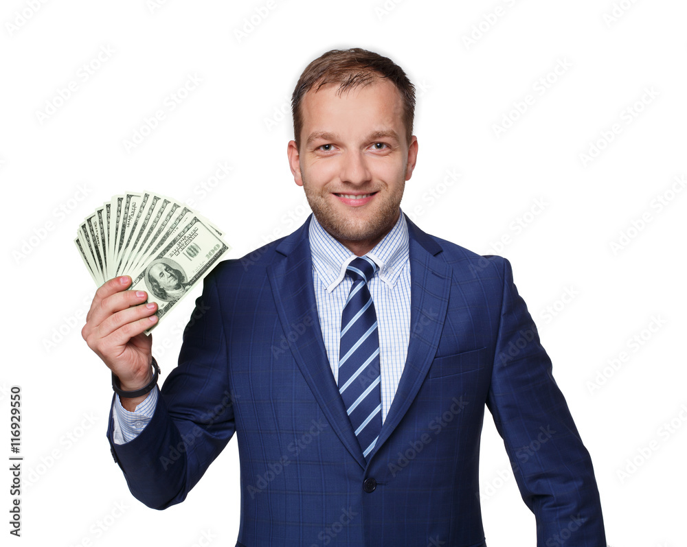 Portrait of handsome businessman showing money dollars fan isolated Portrait of handsome businessman showing money dollars fan isolated