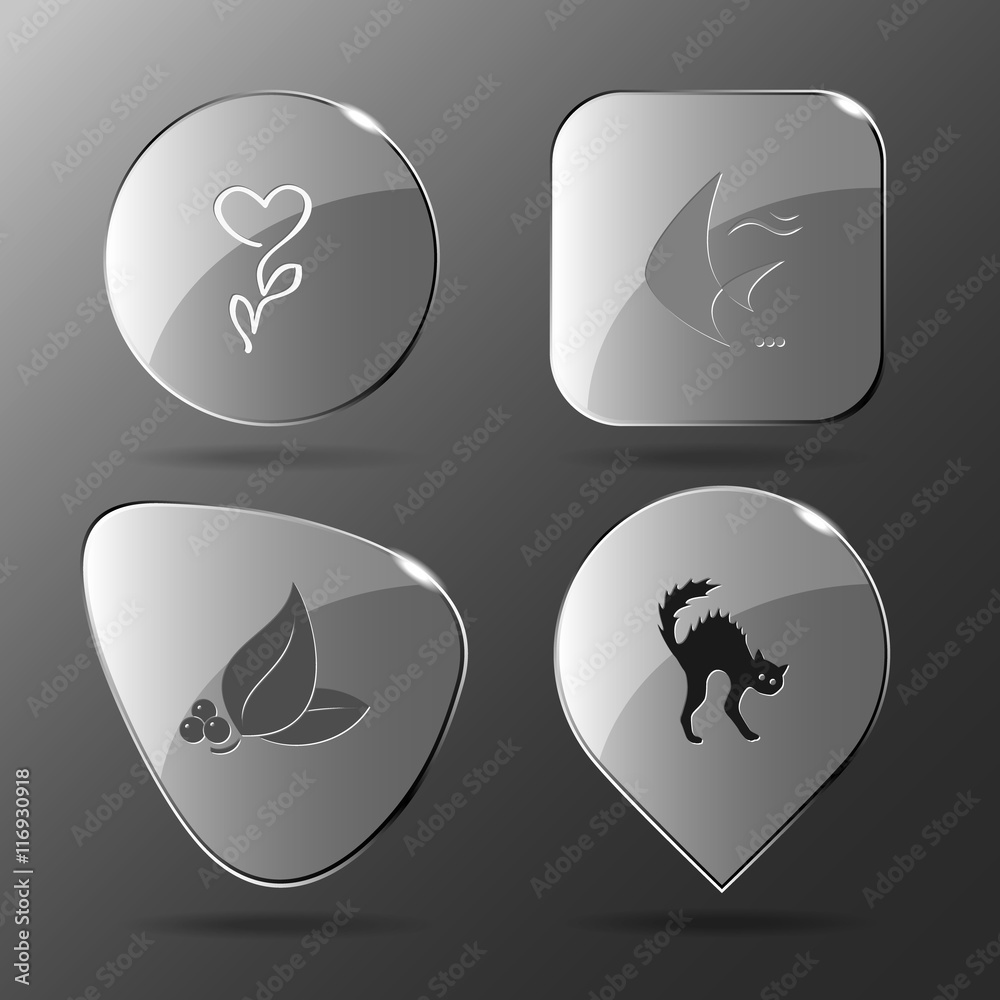4 images: flower, fish, leaf with berries, cat. Nature set. Glas 4 images: flower, fish, leaf with berries, cat. Nature set. Glas