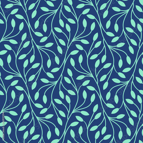 Seamless leaves pattern on blue background