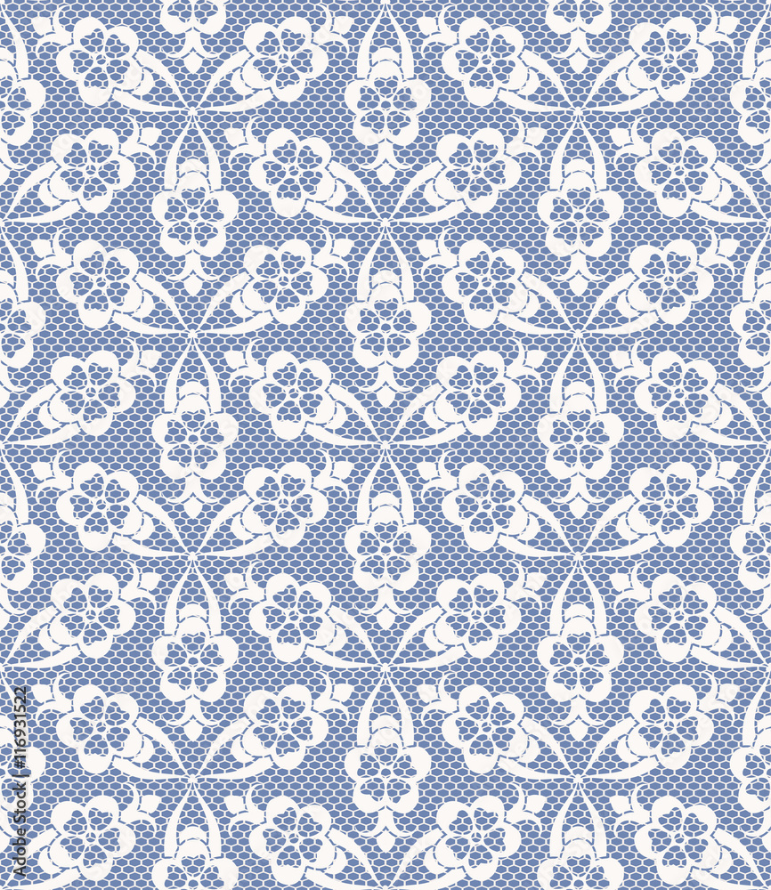 Seamless white lace pattern on blue background