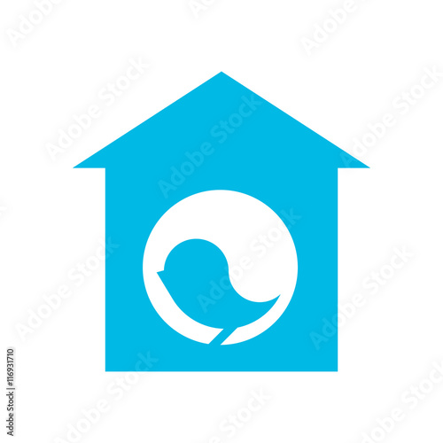 Blue silhouette of bird in birdhouse on white background
