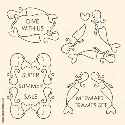 Line art mermaids logo set on beige background