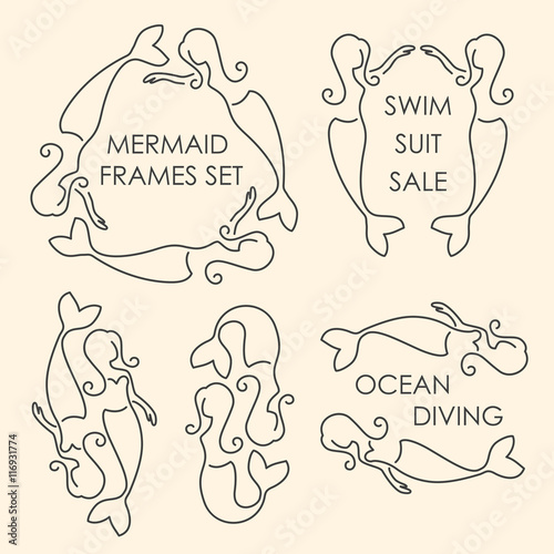Line art mermaids logo set on beige background