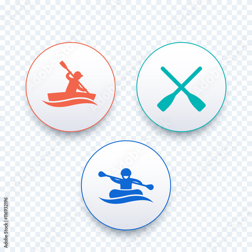 Rowing, kayaking, rafting, canoe, boat icons, vector illustration
