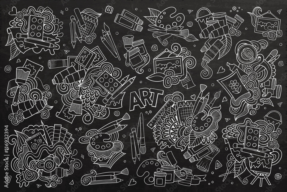 Art and paint materials doodles chalkboard vector symbols