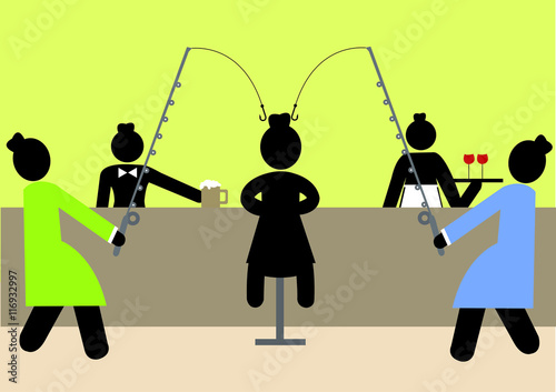 Illustration Partnerin angeln; Frauen; Bar; flirten kennenlernen; abschleppen; Club; Date; Liebe; 