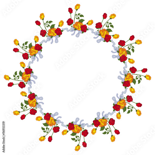 Round frame with red and yellow roses. Vector clip art.