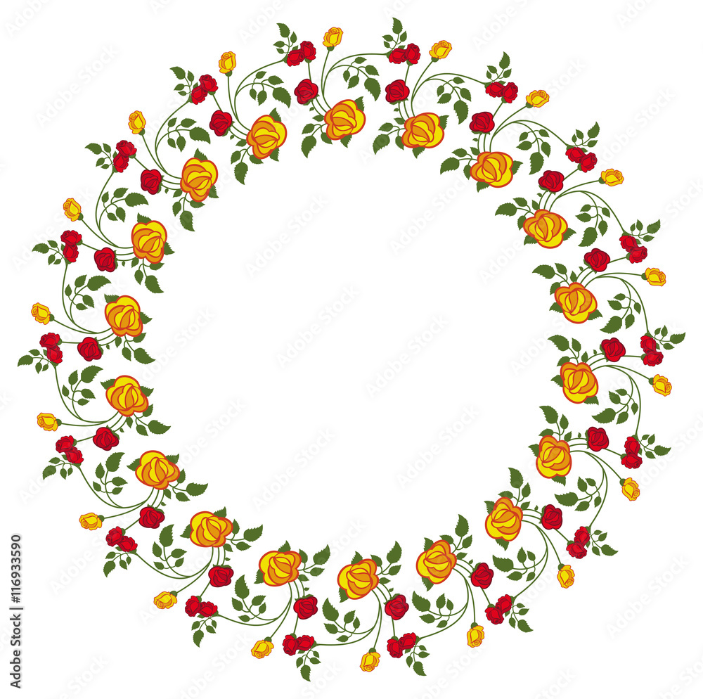 Round frame with red and yellow roses. Vector clip art.