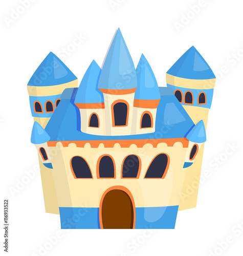 Cartoon fairy tale castle tower icon. Cute cartoon castle architecture. Vector illustration fantasy house fairytale medieval castle. Princess cartoon castle cartoon stronghold design fable isolated.