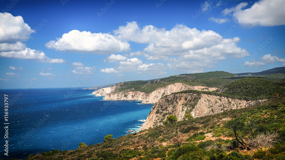 Panorama of Zakynthos island on a sunny summer day - obrazy, fototapety, plakaty 