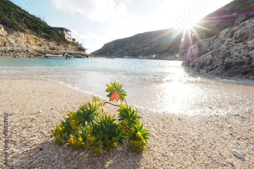 Porto Vromi beach Zakynthos island, Greece at sunset photo