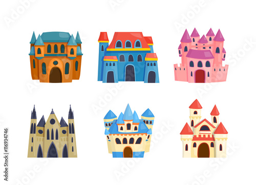 Cartoon fairy tale castle tower icon. Cute cartoon castle architecture. Vector illustration fantasy house fairytale medieval castle. Princess cartoon castle cartoon stronghold design fable isolated.