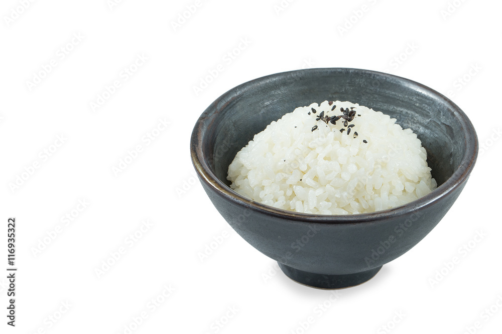 japanese rice in back bowl on top with sesame