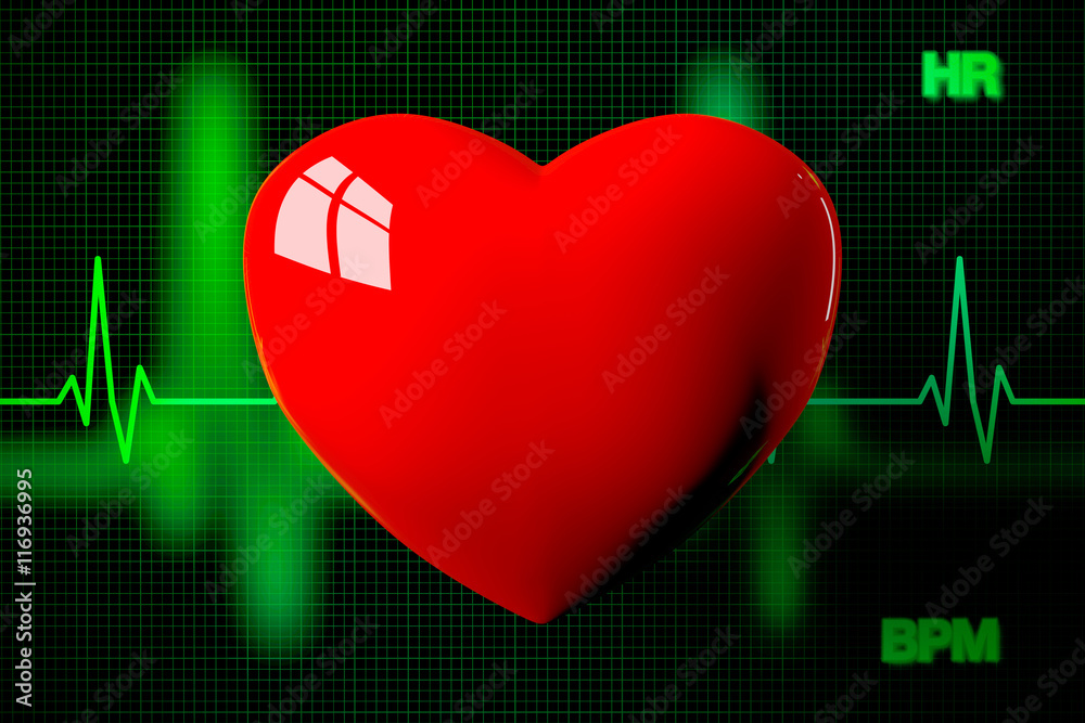 Heart with Heart Rate Graph Background, 3D Rendering