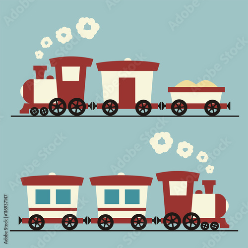 Set railway transport children style. Different modes of isolated train. Vector train.