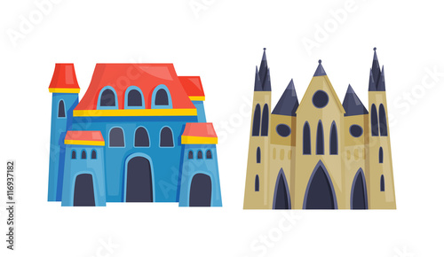 Cartoon fairy tale castle tower icon. Cute cartoon castle architecture. Vector illustration fantasy house fairytale medieval castle. Princess cartoon castle cartoon stronghold design fable isolated.