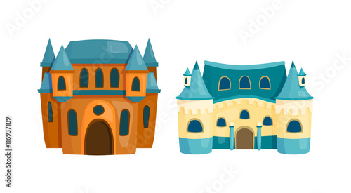 Cartoon fairy tale castle tower icon. Cute cartoon castle architecture. Vector illustration fantasy house fairytale medieval castle. Princess cartoon castle cartoon stronghold design fable isolated.