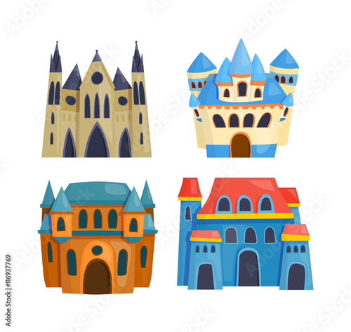 Cartoon fairy tale castle tower icon. Cute cartoon castle architecture. Vector illustration fantasy house fairytale medieval castle. Princess cartoon castle cartoon stronghold design fable isolated.