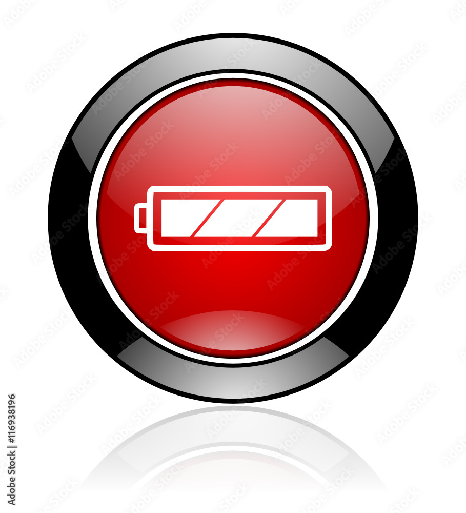 Round red and black glossy battery vector icon Round red and black glossy battery vector icon