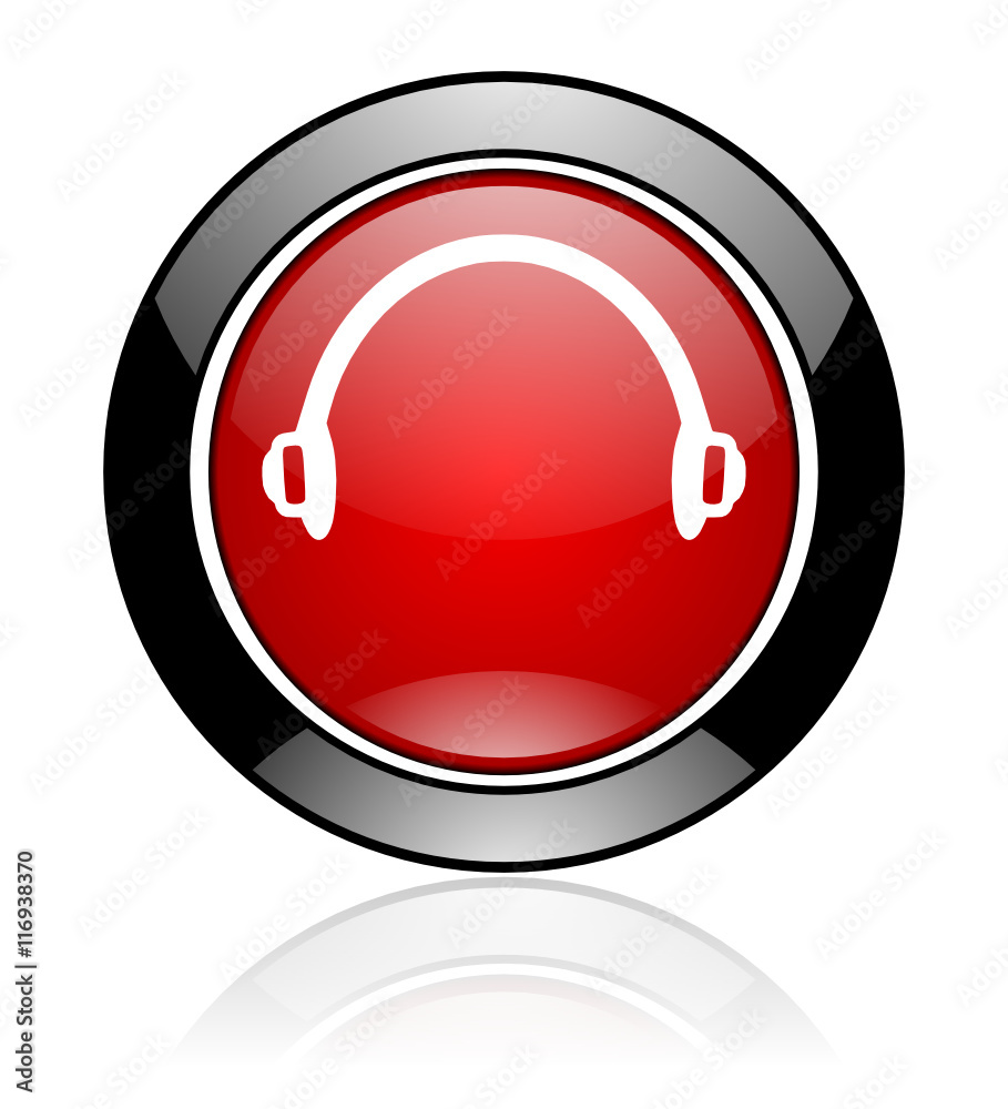 Modern design red and black circle vector headphone icon. Round web music button. Modern design red and black circle vector headphone icon. Round web music button.