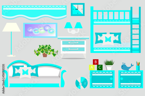 Furniture set vector illustration. Bedroom furniture, interior design