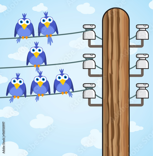 Bird sitting on a high-voltage wires - vector