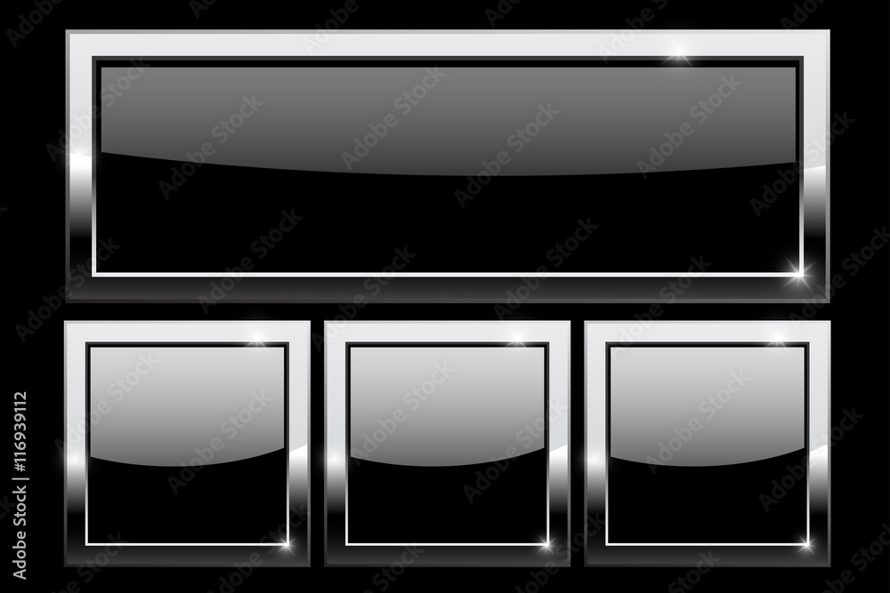 Black buttons with chrome frame on black background Black buttons with chrome frame on black background