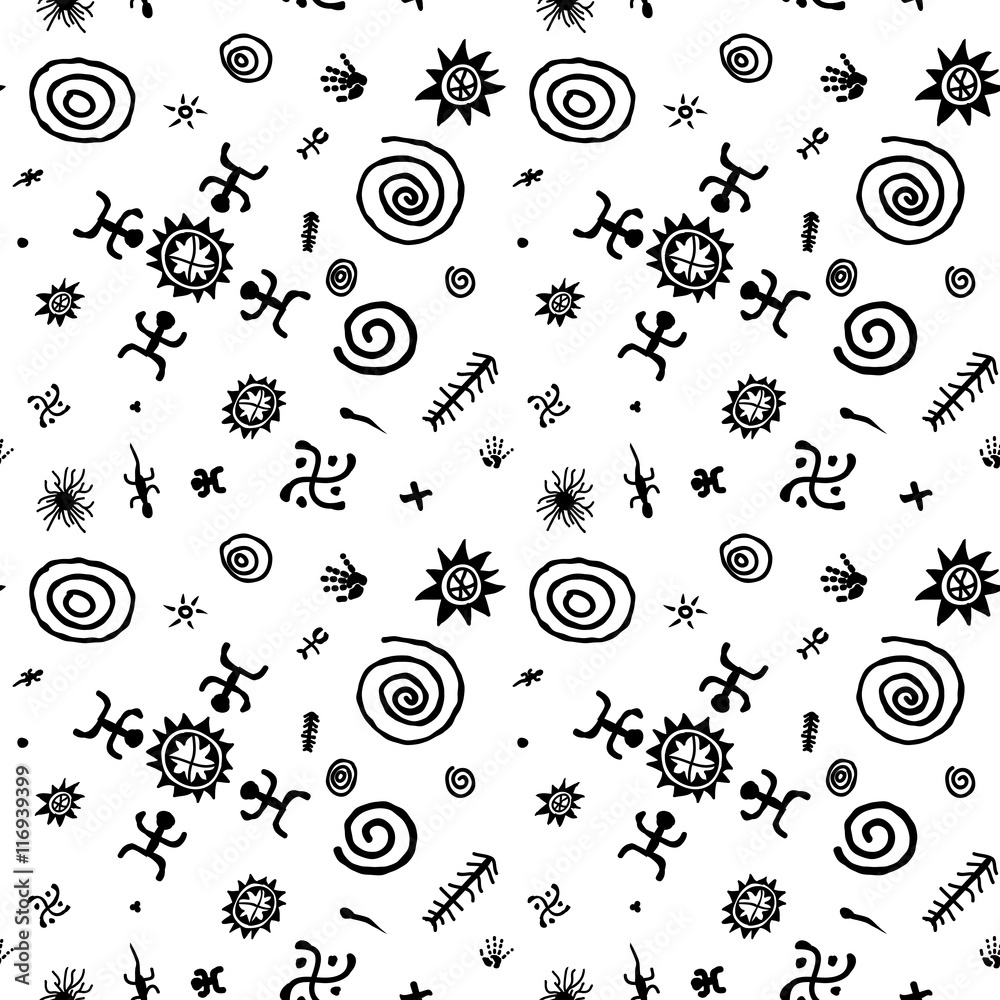 Slika na platnu Seamless monochrome vector pattern - petroglyphs