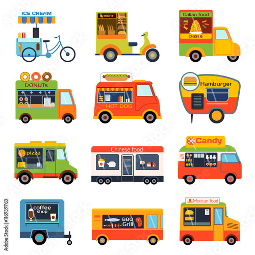 Street food festival color trailers labels set, van restaurant. Cafe urban food truck trailers, mobile market, event and transport. Vector illustration food truck trailers, fast delivery service.