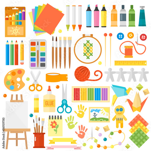 Themed kids creativity creation symbols art poster in flat style vector. Kids creativity creation symbols with artistic objects for children art school. Art fest kids creativity creation symbols.