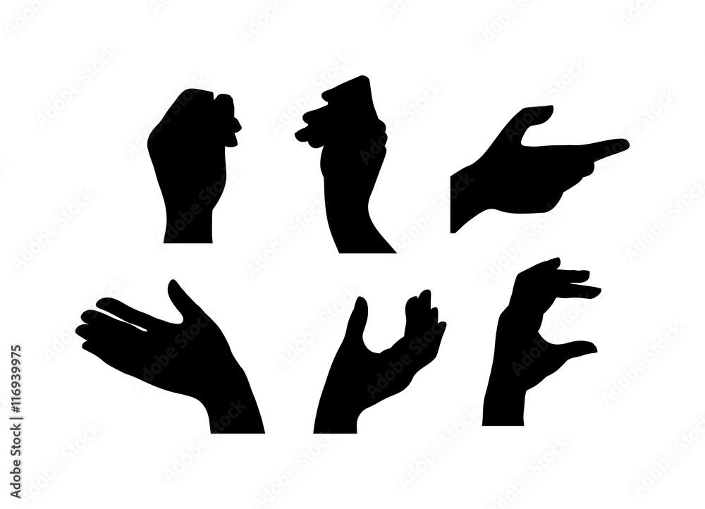 Human hands different pose signal human fingers. Human hands isolated. Silhouette of hands showing symbols finger thumb vector illustration.