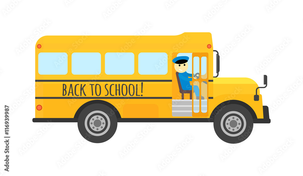 Illustration of school kids riding yellow schoolbus transportation education. Student child isolated school bus safety stop drive vector. Travel automobile school bus public trip childhood truck.