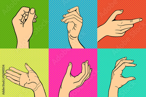 Human popart hands different pose signal human fingers. Human hands isolated. Silhouette of hands showing symbols finger thumb vector illustration.